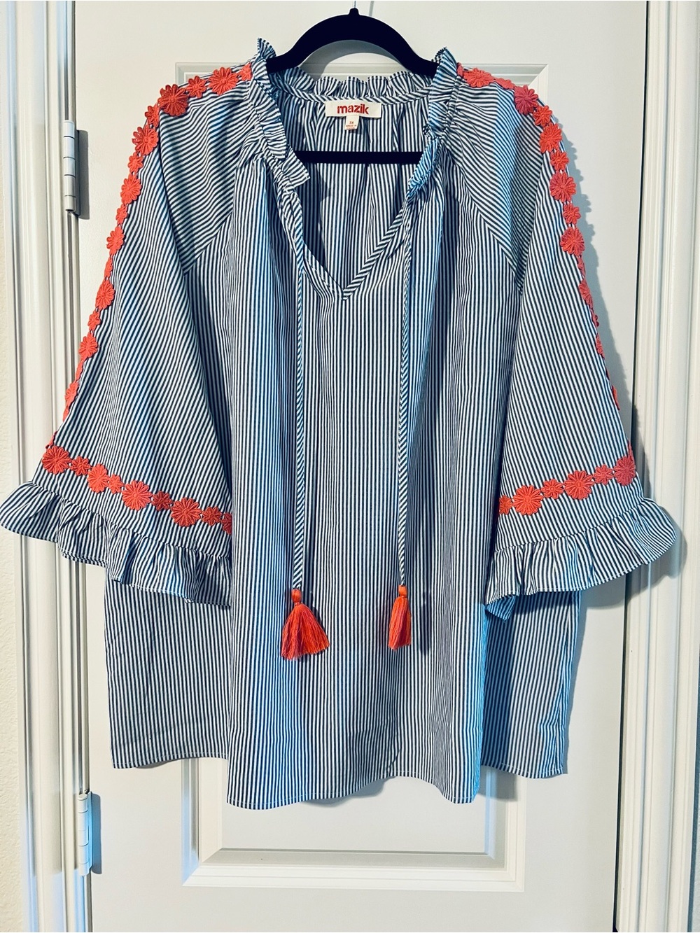 Mazik Blue Stripe Blouse with Coral Trim
